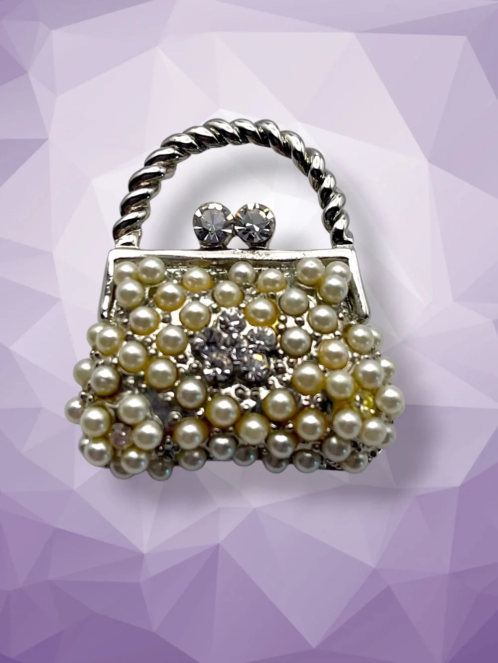 Dazzling Vintage Pearl and Rhinestone Purse Brooch Dainty Petite Estate Pc